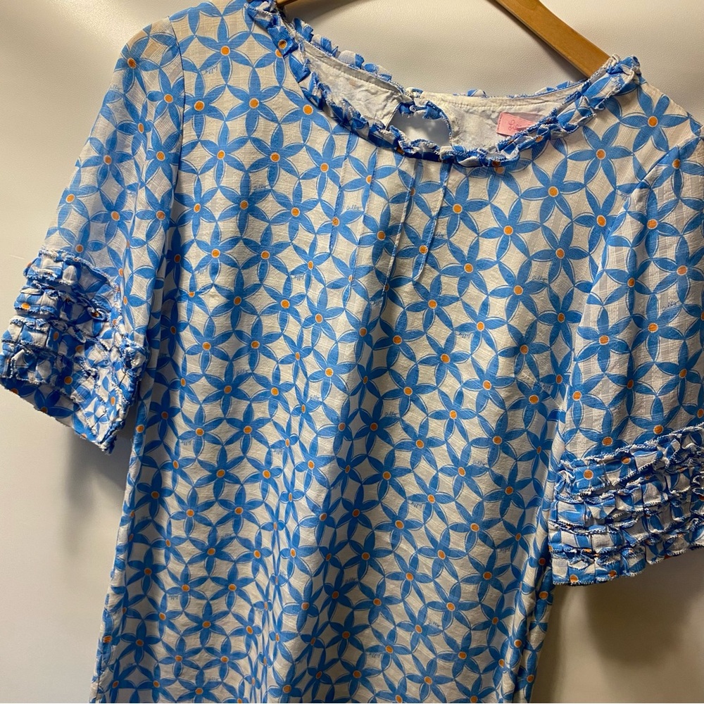 Size 4 - Lilly Pulitzer Dasha Silk Dress Coastal Blue Floral Ruffle Sheath